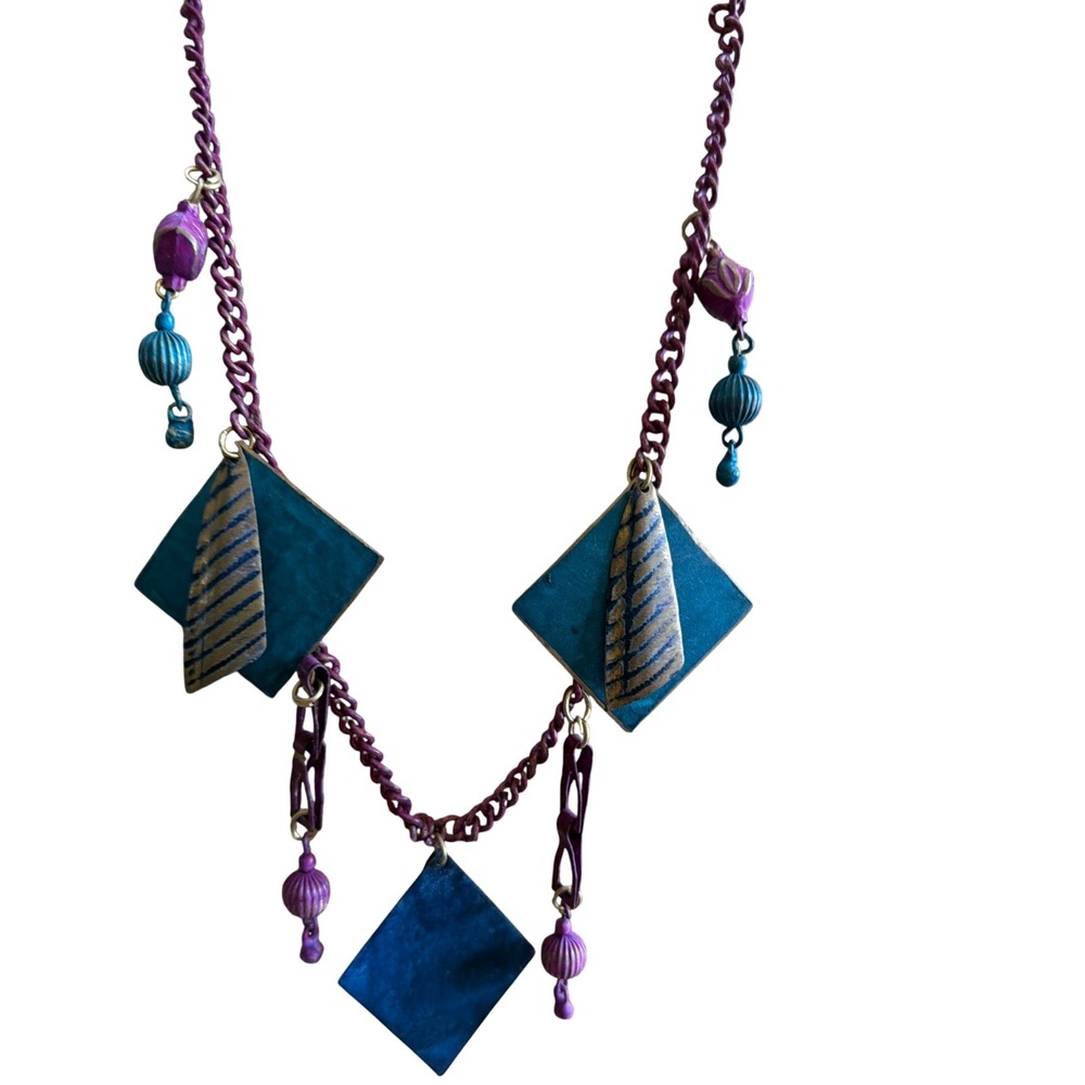 Artisan Geometric Statement Necklace Purple‎ Teal Mixed Media Bead Charm